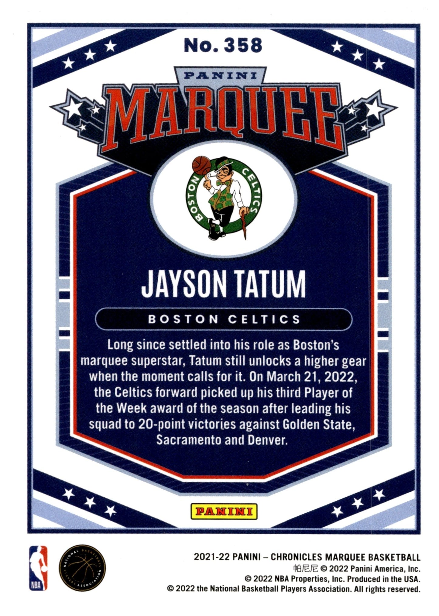 Jayson Tatum 2021 - 22 Panini Chronicles Marquee #358 - Collector Store LLC