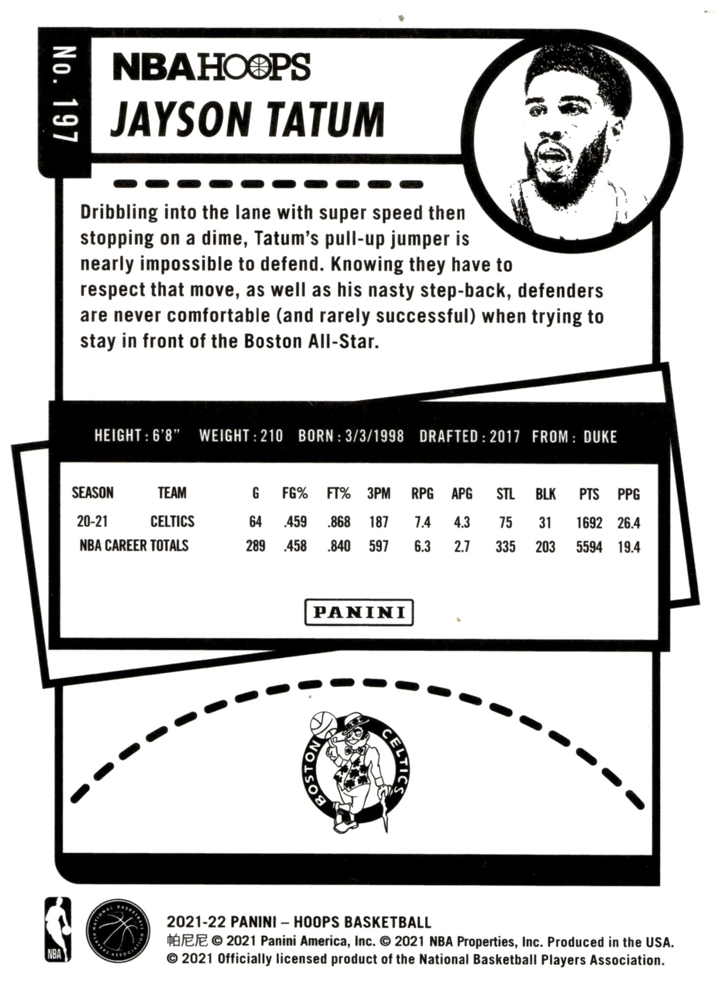 Jayson Tatum 2021 - 22 Panini Hoops Blue #197 - Collector Store LLC