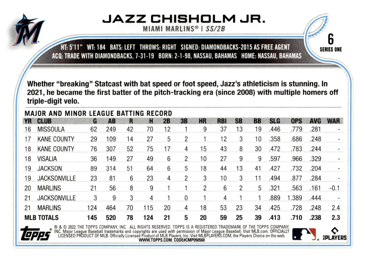 Jazz Chisholm Jr. 2022 Topps Series 1 #6 - Collector Store LLC