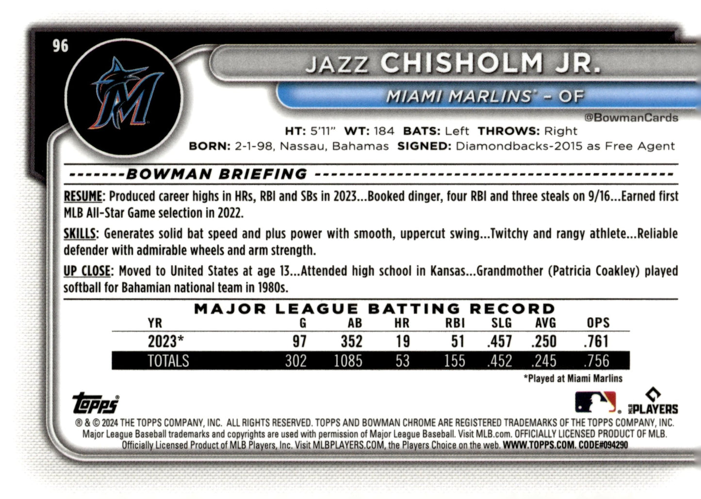 Jazz Chisholm Jr. 2024 Bowman Chrome Mojo Refractor 96 2 - Collector Store LLC