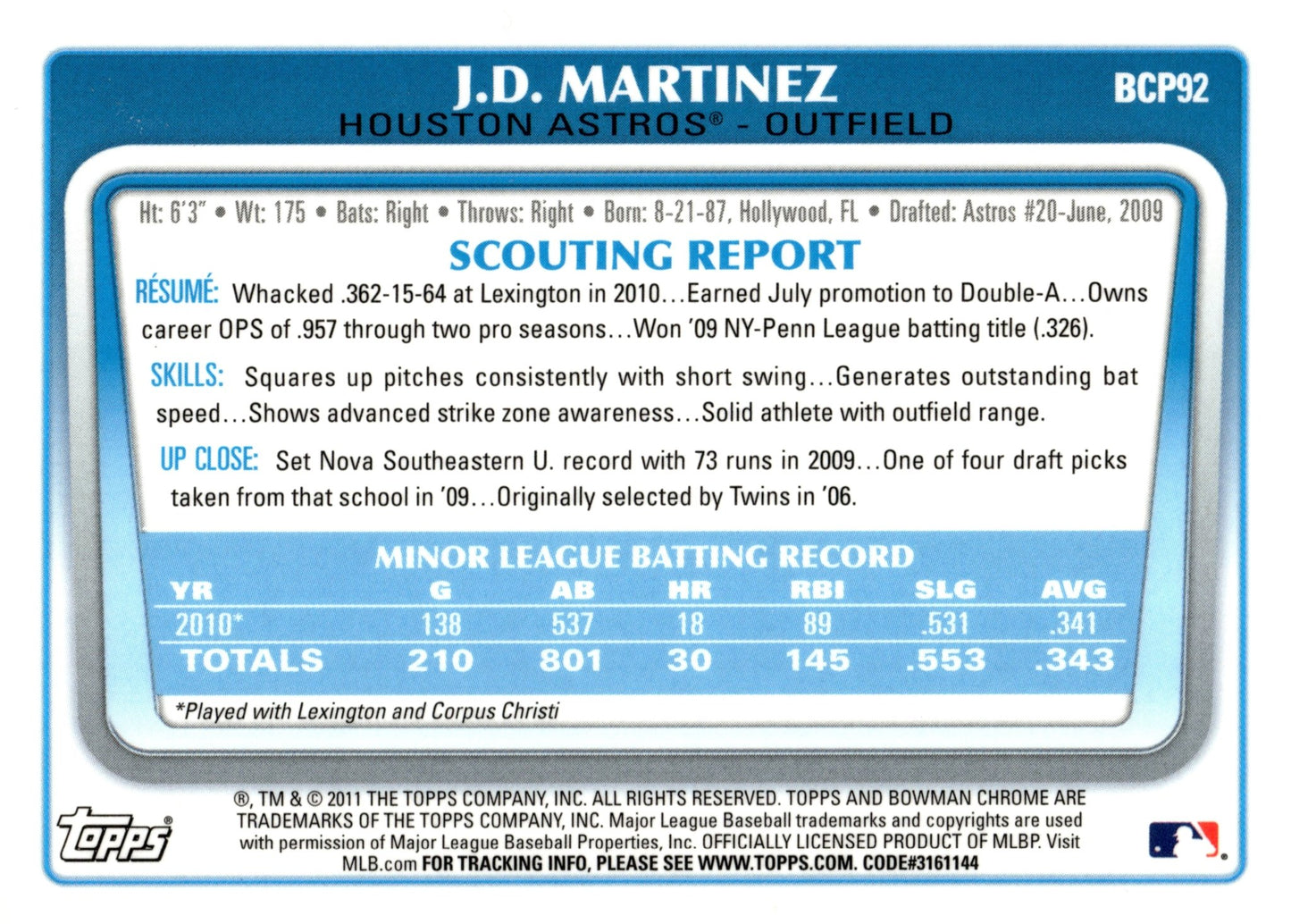 JD Martinez 2011 Bowman Chrome #BCP92 #2 - Collector Store LLC