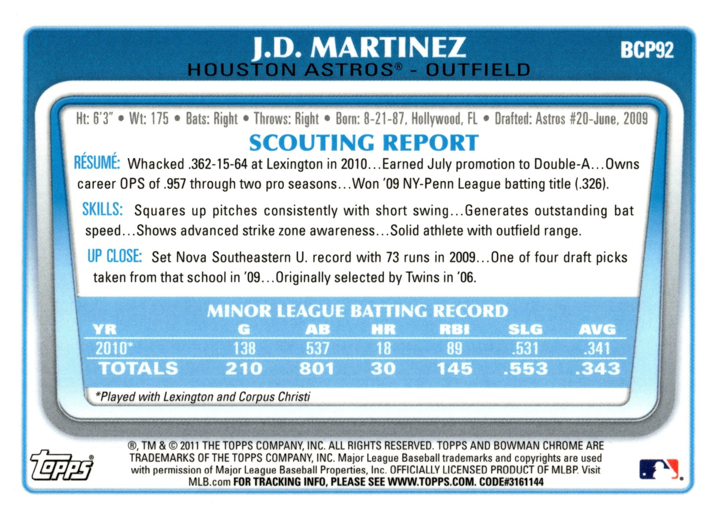 JD Martinez 2011 Bowman Chrome BCP92 3 - Collector Store LLC