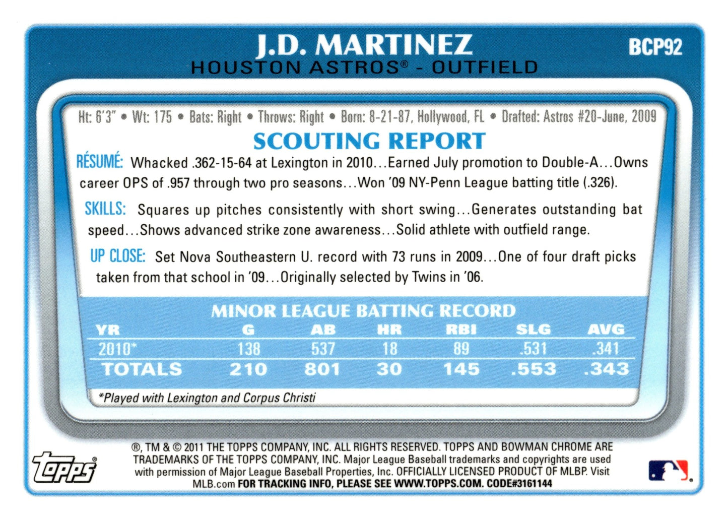 JD Martinez 2011 Bowman Chrome #BCP92 - Collector Store LLC