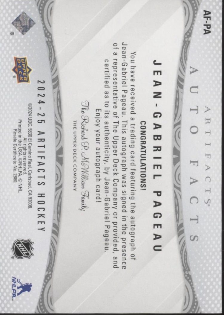 Jean - Gabriel Pageau 2024 - 25 Upper Deck Artifacts Auto Facts Auto AF - PA - Collector Store LLC