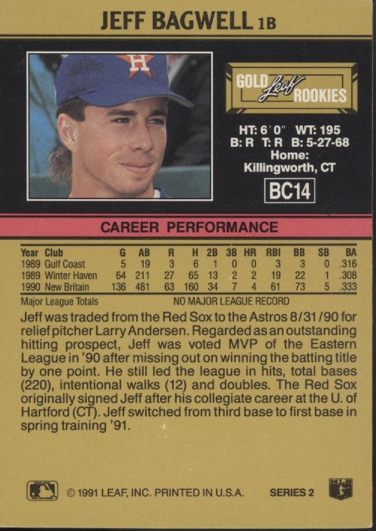 Jeff Bagwell 1991 Leaf Series 2 Gold Rookies #BC - 14 - Collector Store LLC