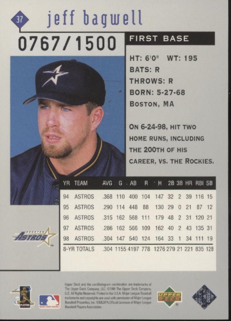Jeff Bagwell 1999 Upper Deck Black Diamond Triple 0767/1500 #37 - Collector Store LLC