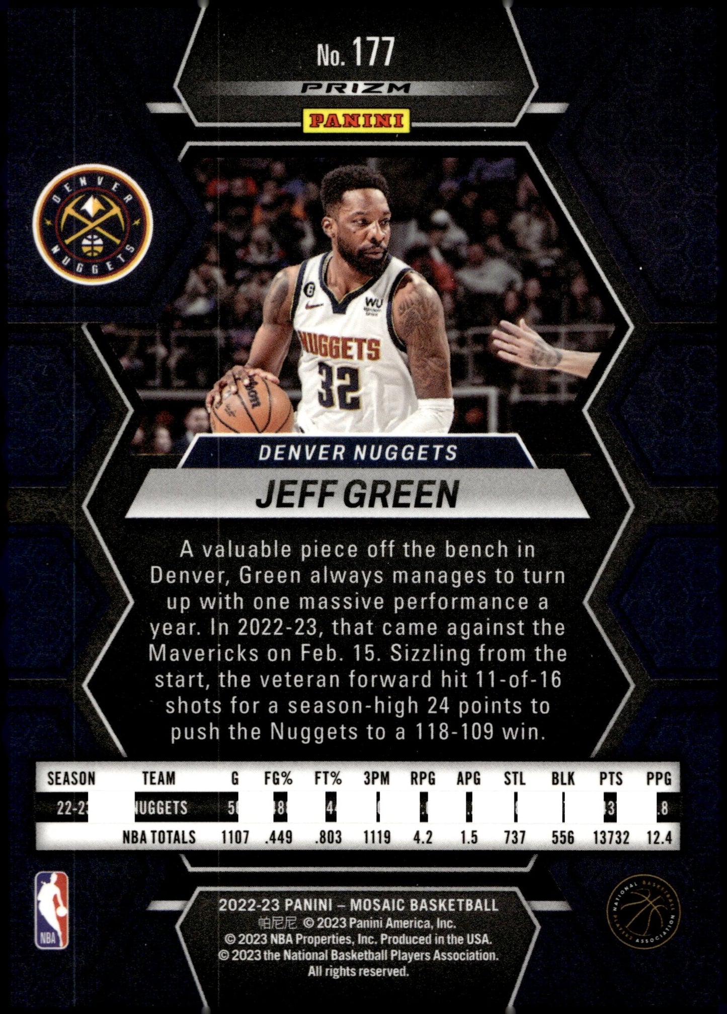 Jeff Green 2022 - 23 Panini Mosaic Green Prizm #177 - Collector Store LLC