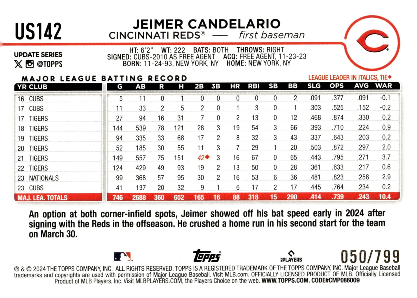 Jeimer Candelario 2024 Topps Update Series Purple Foilboard 050/799 US142 - Collector Store LLC