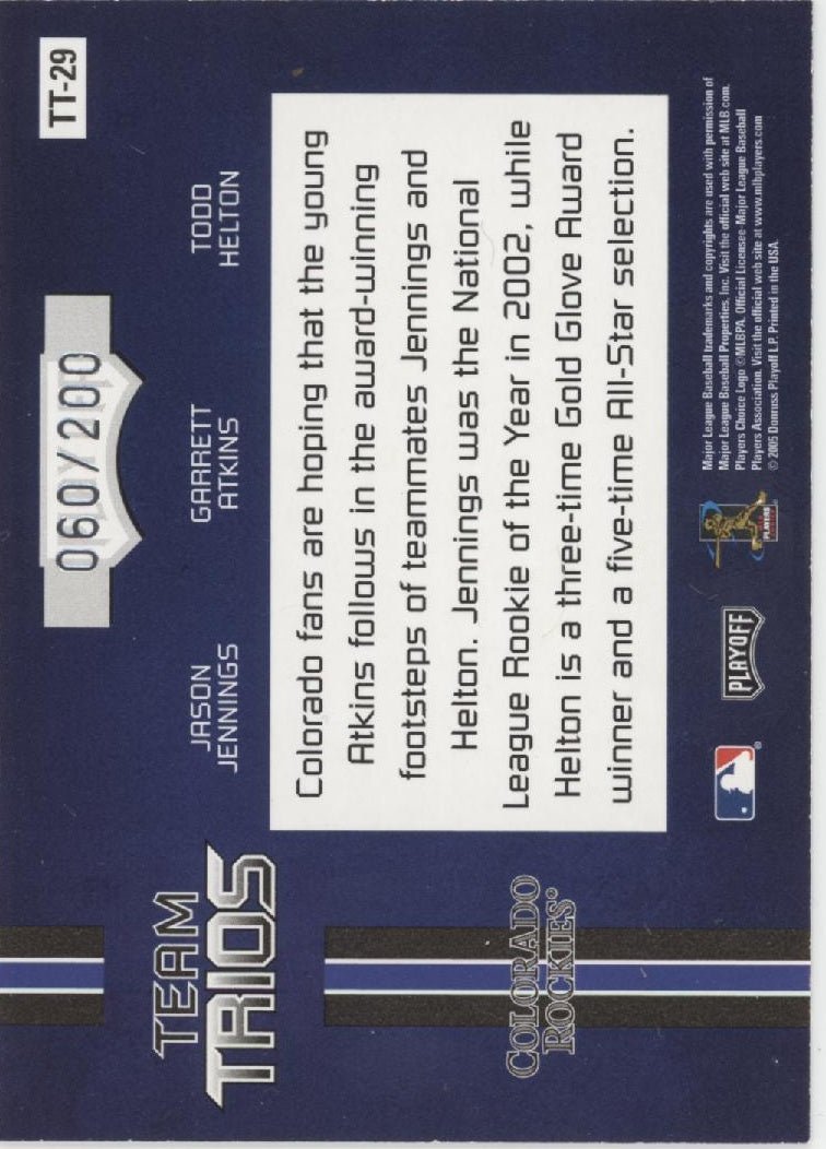 Jennings / Atkins / Helton 2005 Playoff Absolute Memorabilia Team Trios 060/200 - Collector Store LLC