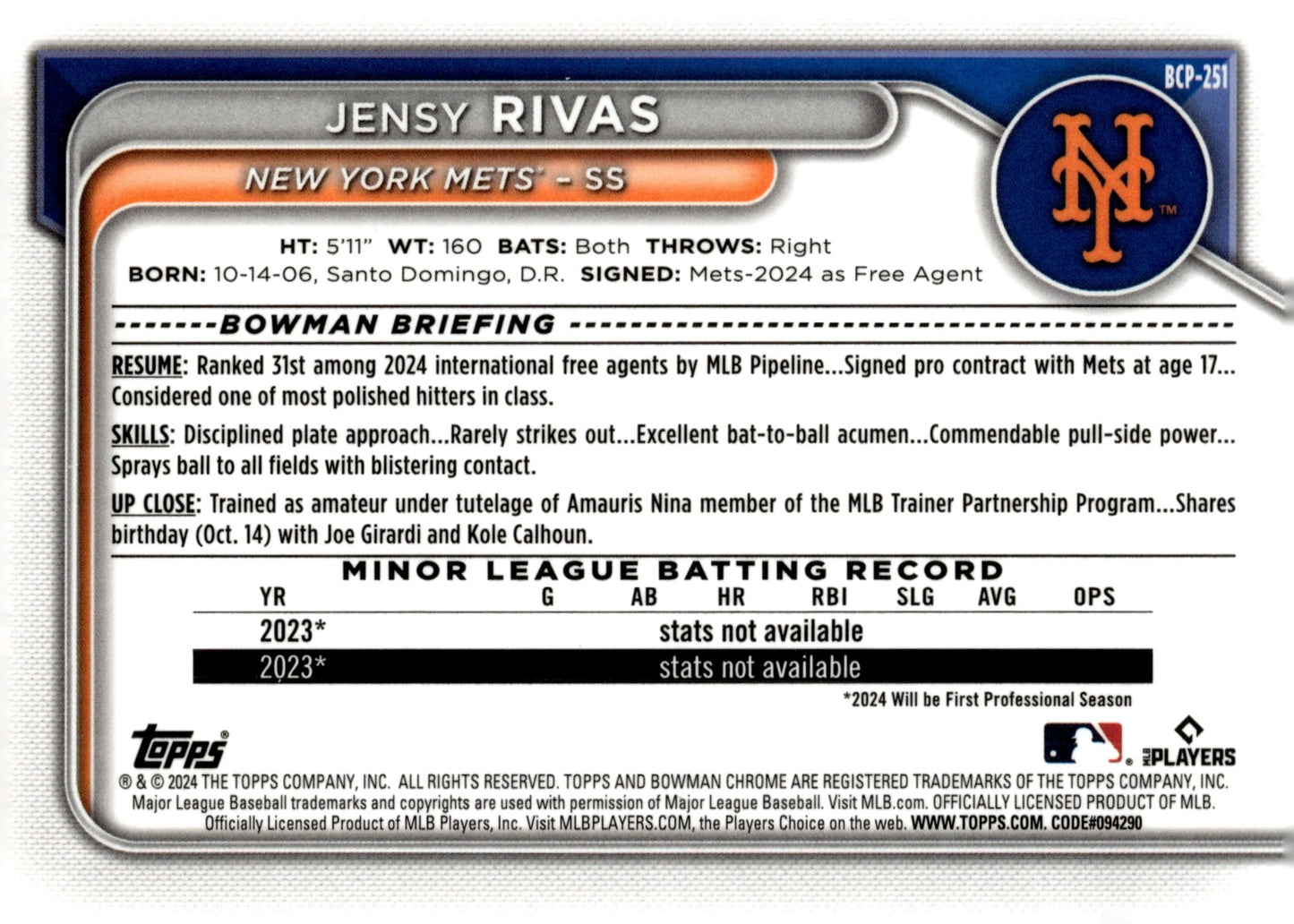 Jensy Rivas 2024 Bowman Chrome Mojo Refractor BCP - 251 2 - Collector Store LLC