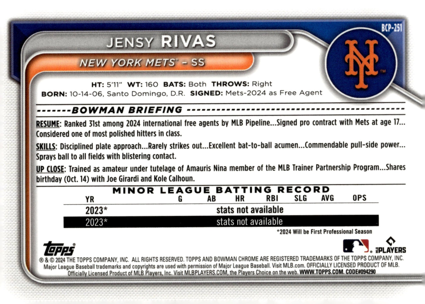 Jensy Rivas 2024 Bowman Chrome Mojo Refractor #BCP - 251 - Collector Store LLC