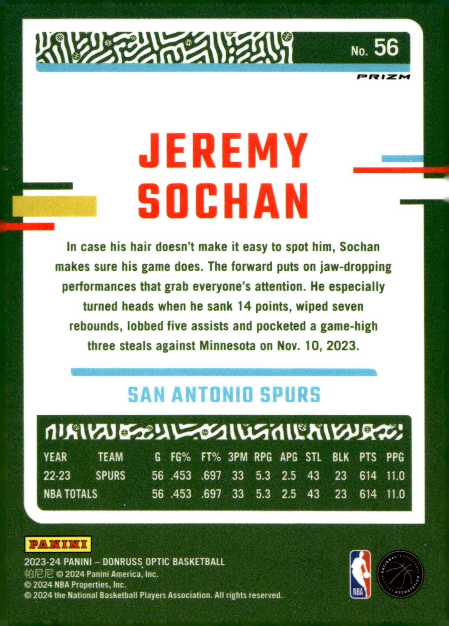 Jeremy Sochan 2023 - 24 Panini Donruss Optic Blue Lazer Prizm #56 - Collector Store LLC