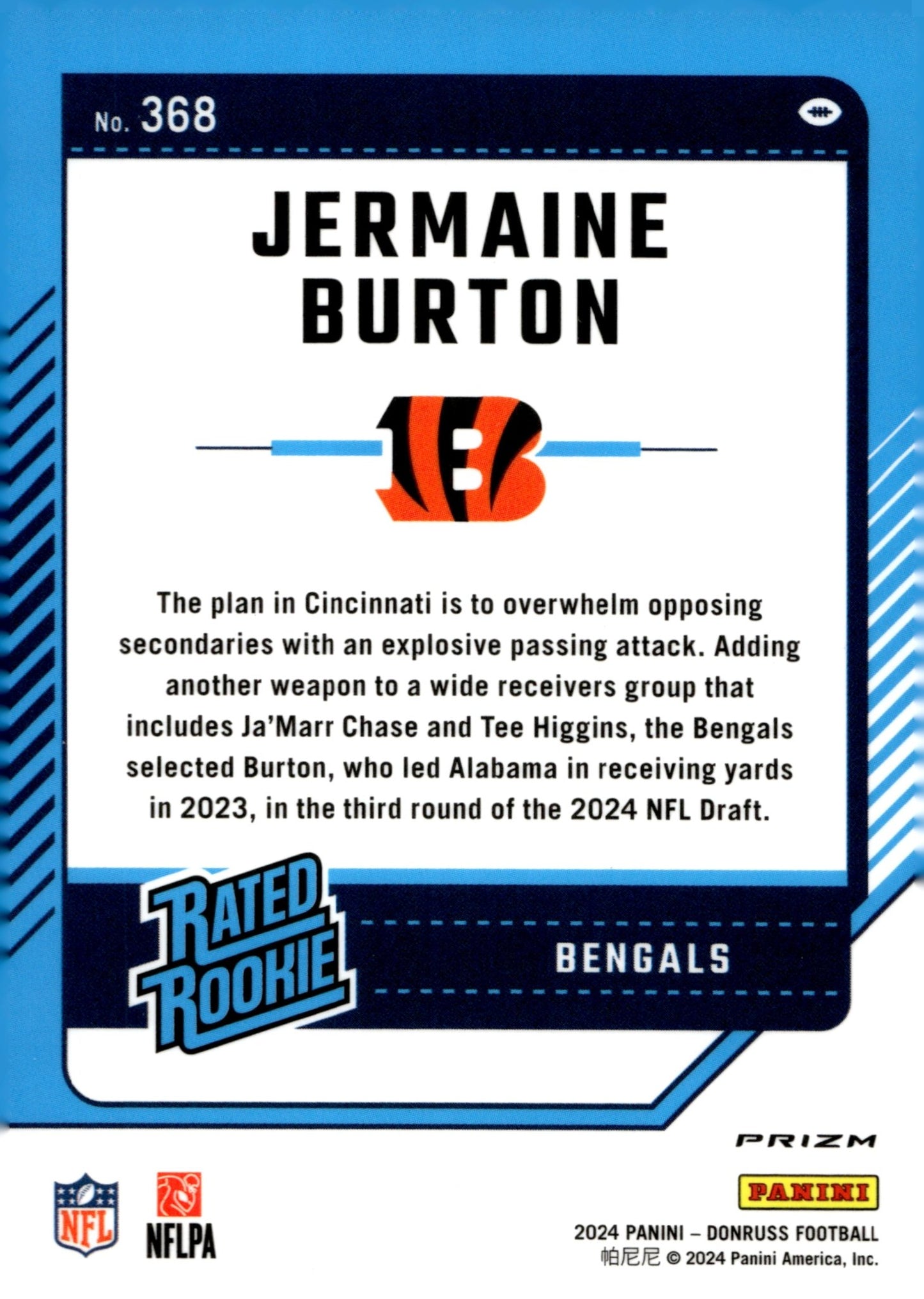 Jermaine Burton 2024 Panini Donruss Rated Rookie Pink Prizm RC #368 - Collector Store LLC