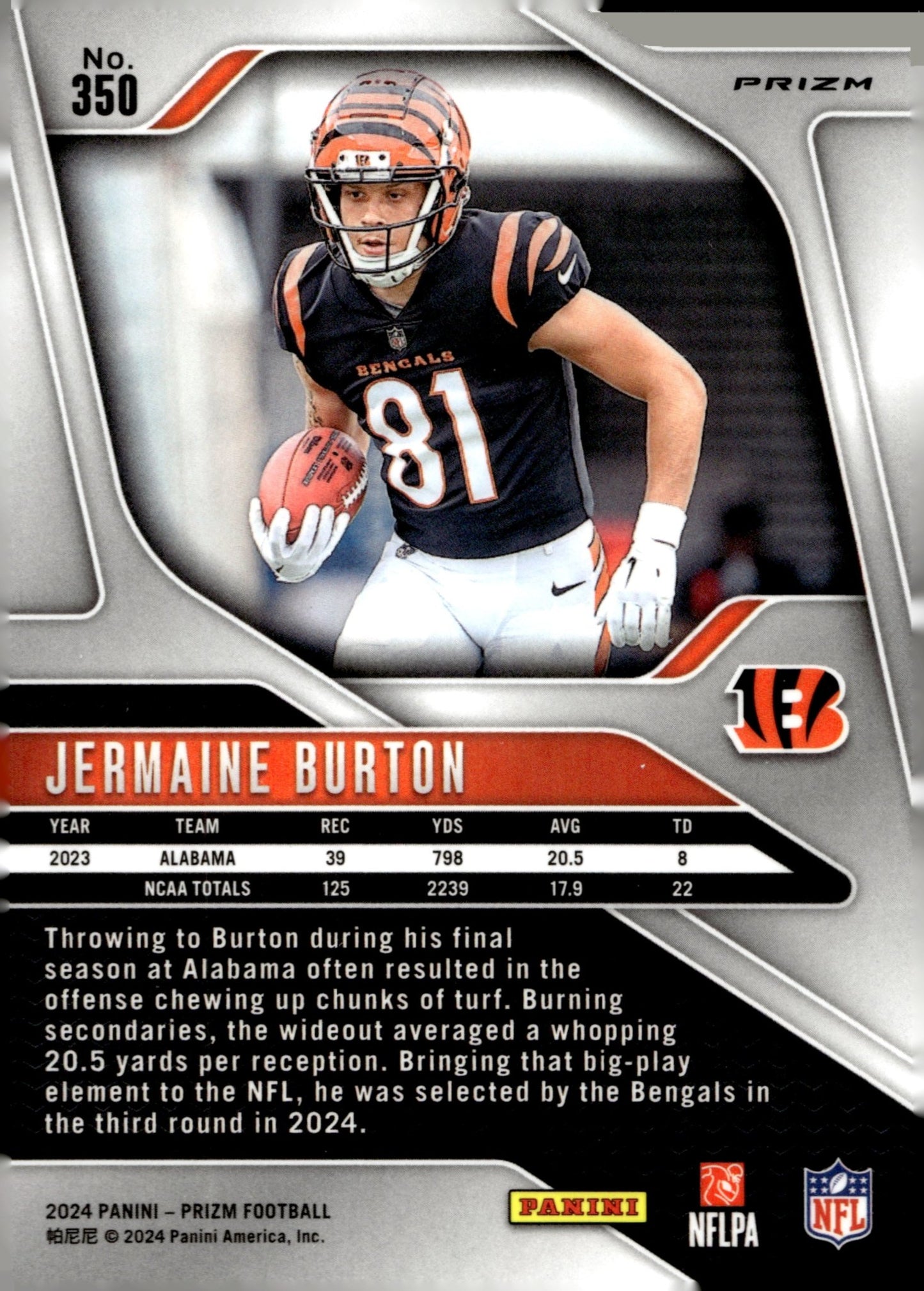 Jermaine Burton 2024 Panini Orange Lazer Prizm RC #350 #1 - Collector Store LLC