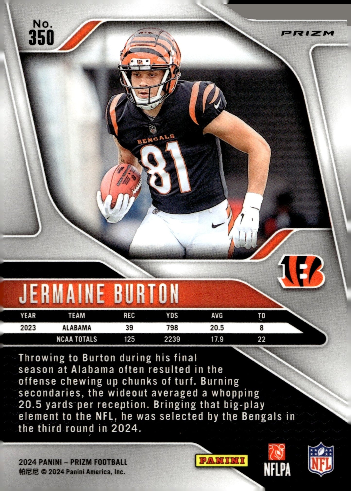 Jermaine Burton 2024 Panini Orange Lazer Prizm RC #350 #2 - Collector Store LLC