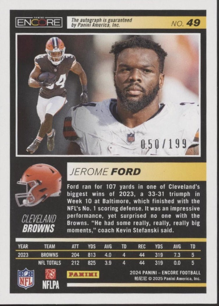 Jerome Ford 2024 Panini Encore Pinnacle Auto 050/199 49 - Collector Store LLC