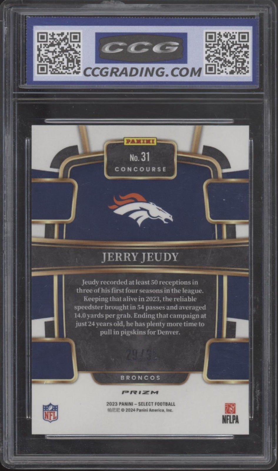 Jerry Jeudy 2023 Panini Select White Prizm 29/35 #31 CCG 10 - Collector Store LLC