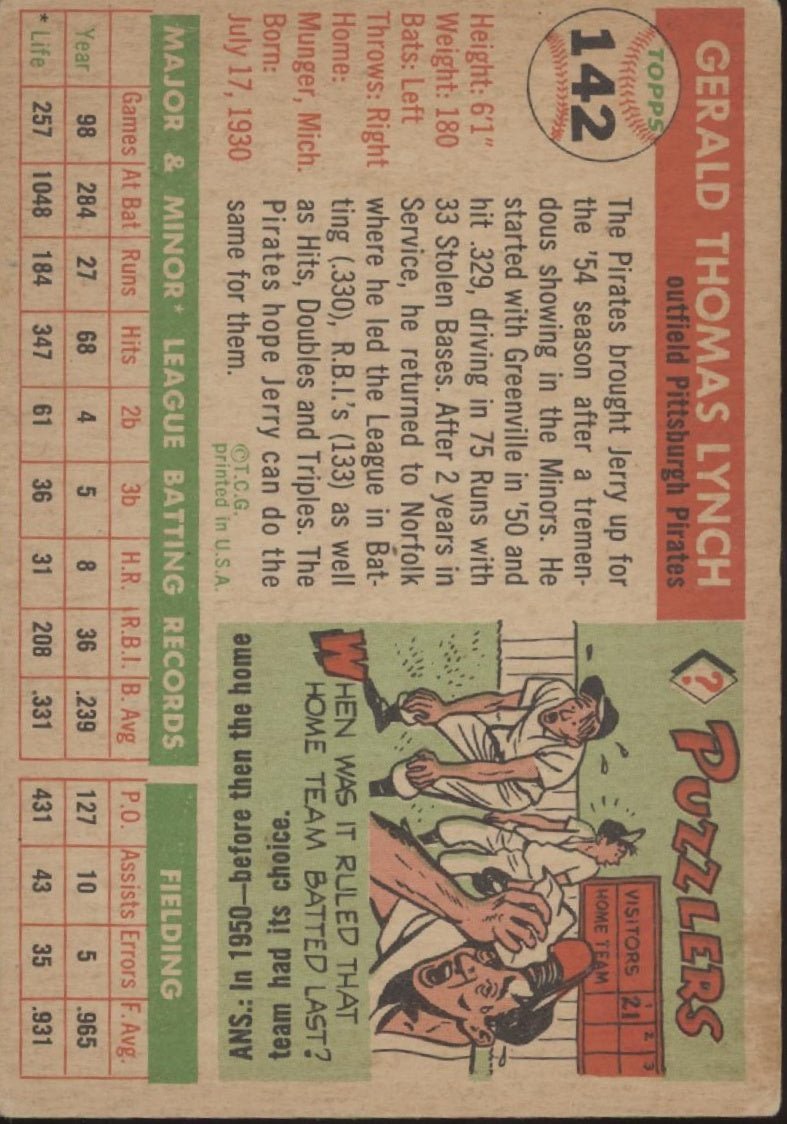 Jerry Lynch 1955 Topps #142 Pittsburgh Pirates VG - EX - Collector Store LLC