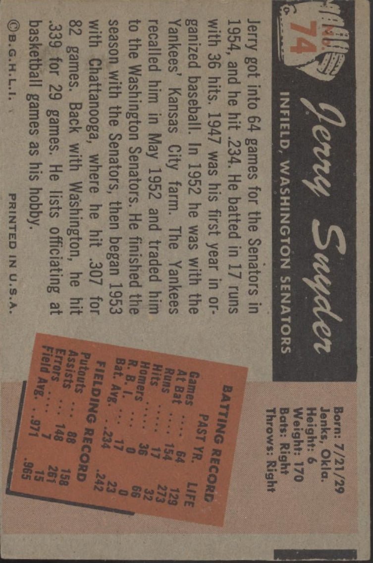 Jerry Snyder 1955 Bowman #74 Washington Senators VG - Collector Store LLC