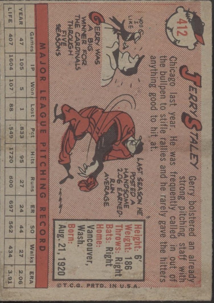 Jerry Staley 1958 Topps #412 Chicago White Sox EX - Collector Store LLC
