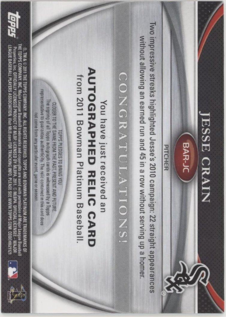 Jesse Crain 2011 Bowman Platinum Refractor Swatch Auto 0247/1166 #BAR - JC - Collector Store LLC