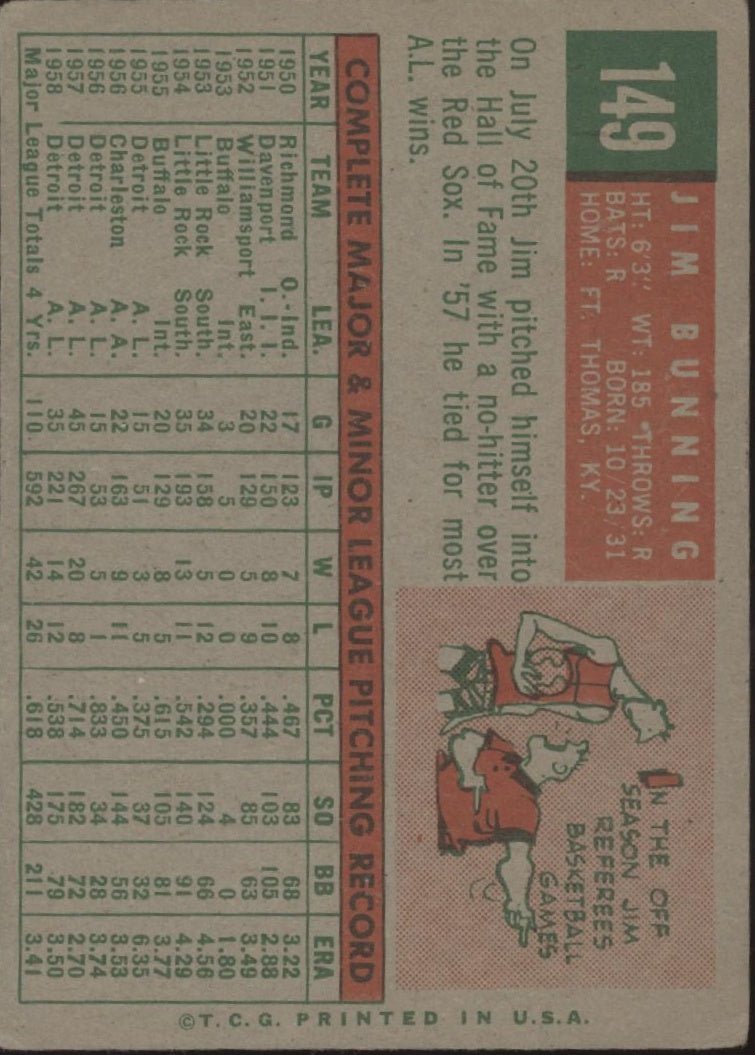 Jim Bunning 1959 Topps #149 Detroit Tigers GD - Collector Store LLC