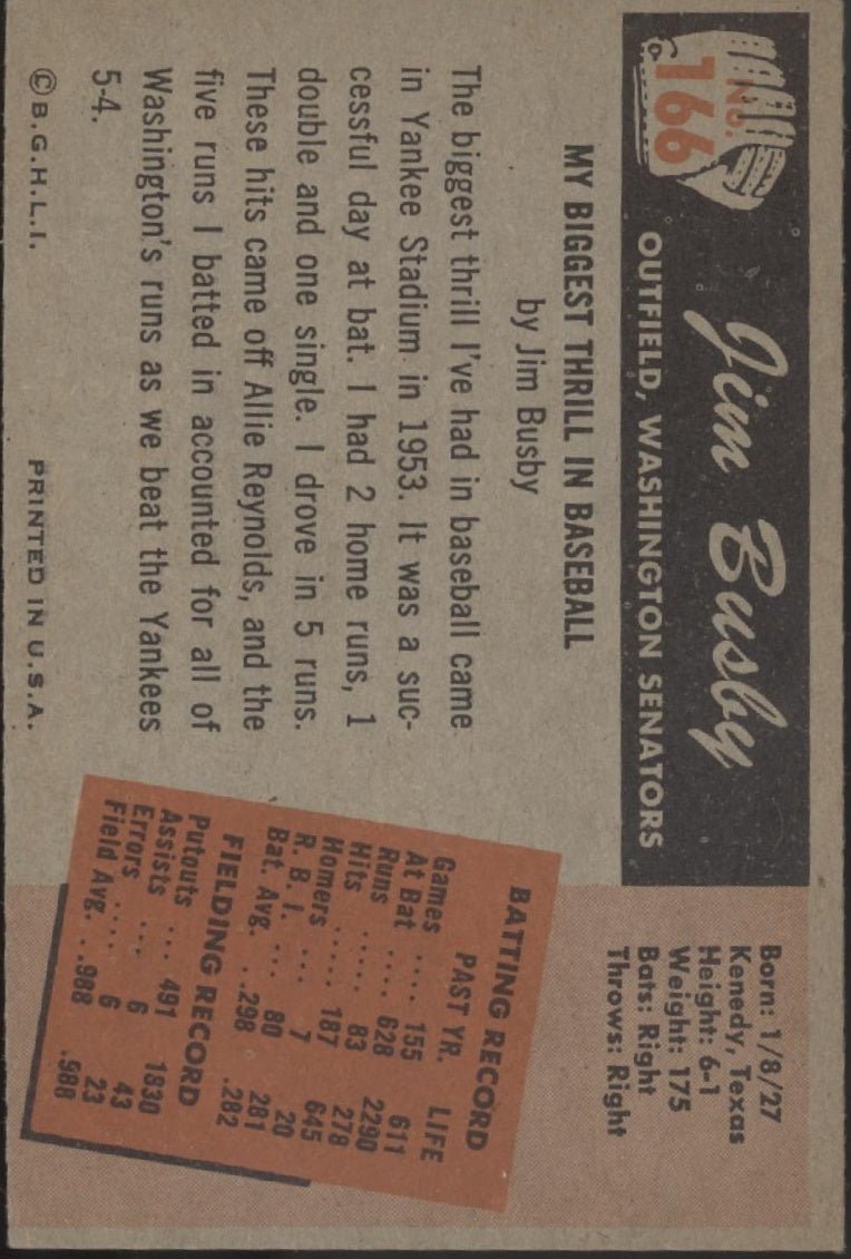 Jim Busby 1955 Bowman #166 Washington Senators EX - Collector Store LLC