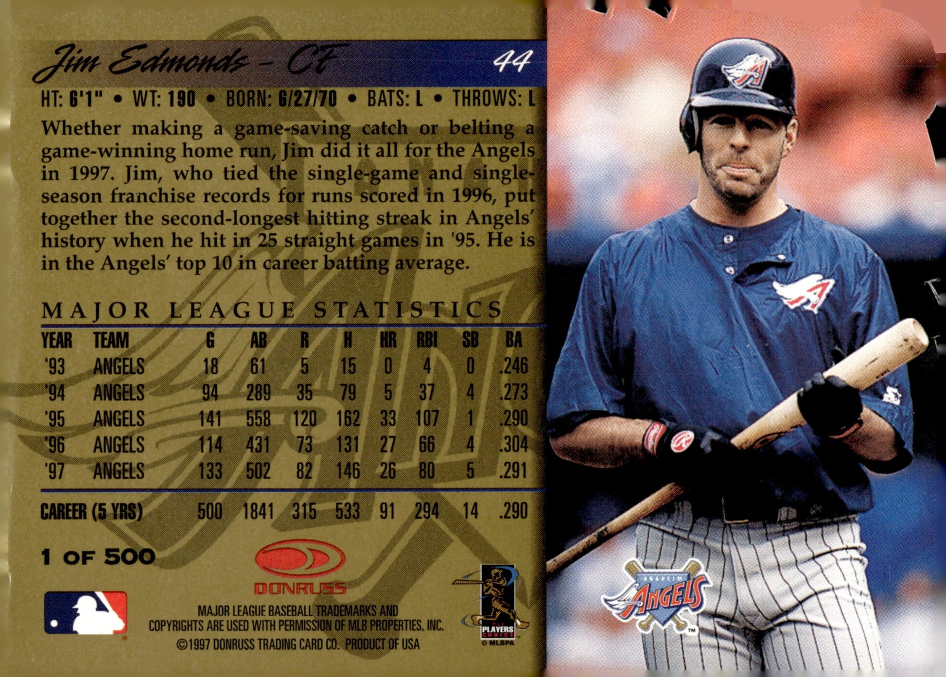 Jim Edmonds 1997 Donruss Gold Press Proof Die - Cut #44 - Collector Store LLC