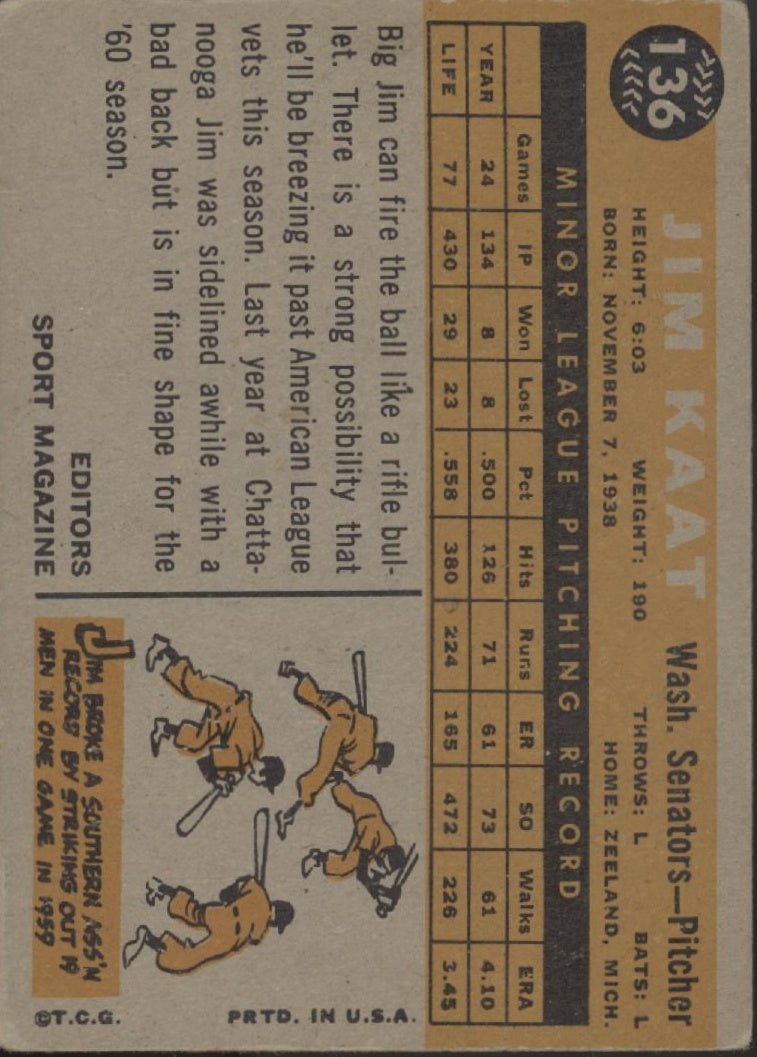 Jim Kaat 1960 Topps Rookie Star RC #136 Washington Senators VG - Collector Store LLC