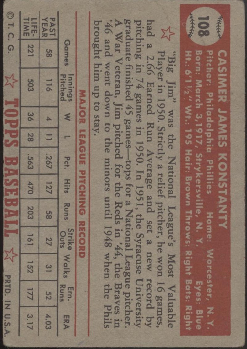 Jim Konstanty 1952 Topps #108 Philadelphia Phillies VG #2 - Collector Store LLC