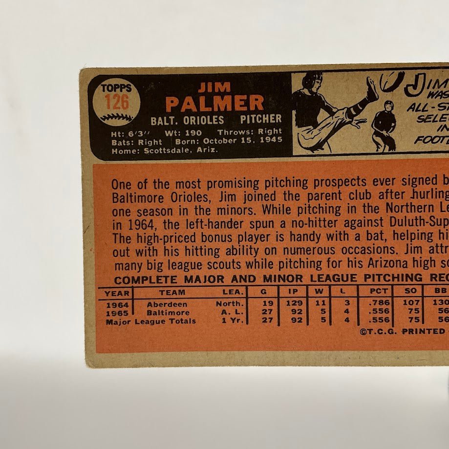 Jim Palmer 1966 Topps RC #126 Baltimore Orioles GD - Collector Store LLC