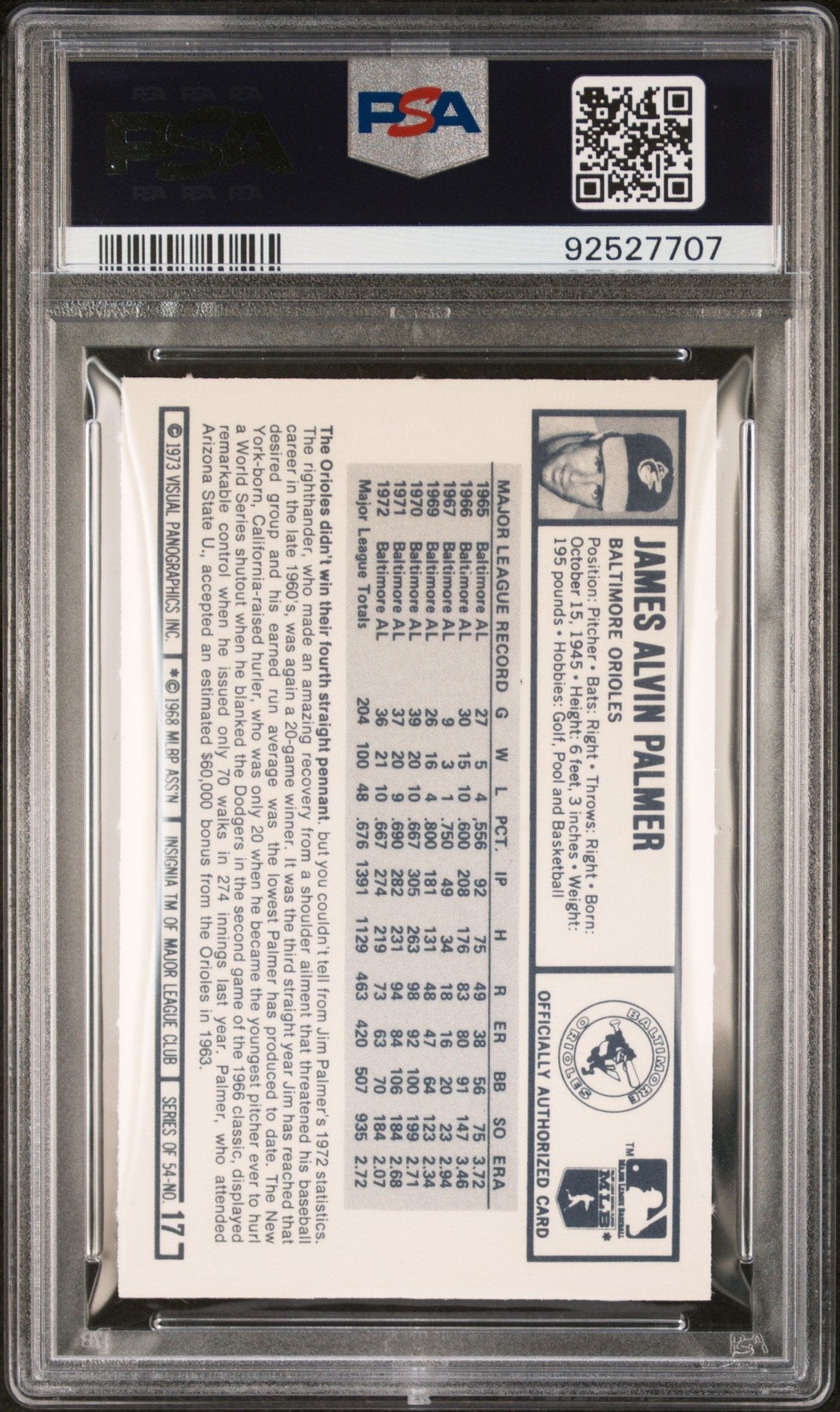 Jim Palmer 1973 Kellogg's #17 PSA 9 - Collector Store LLC