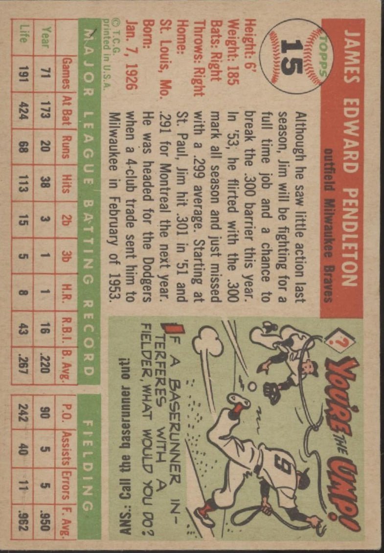 Jim Pendleton 1955 Topps #15 Milwaukee Braves EX - Collector Store LLC