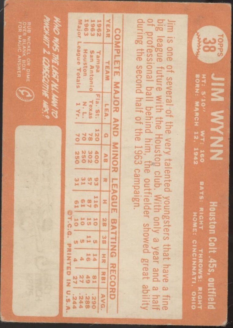 Jim Wynn 1964 Topps RC #38 Houston Colt 45s VG #1 - Collector Store LLC