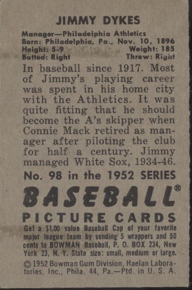 Jimmy Dykes 1952 Bowman 98 Philadelphia Athletics VG - Collector Store LLC