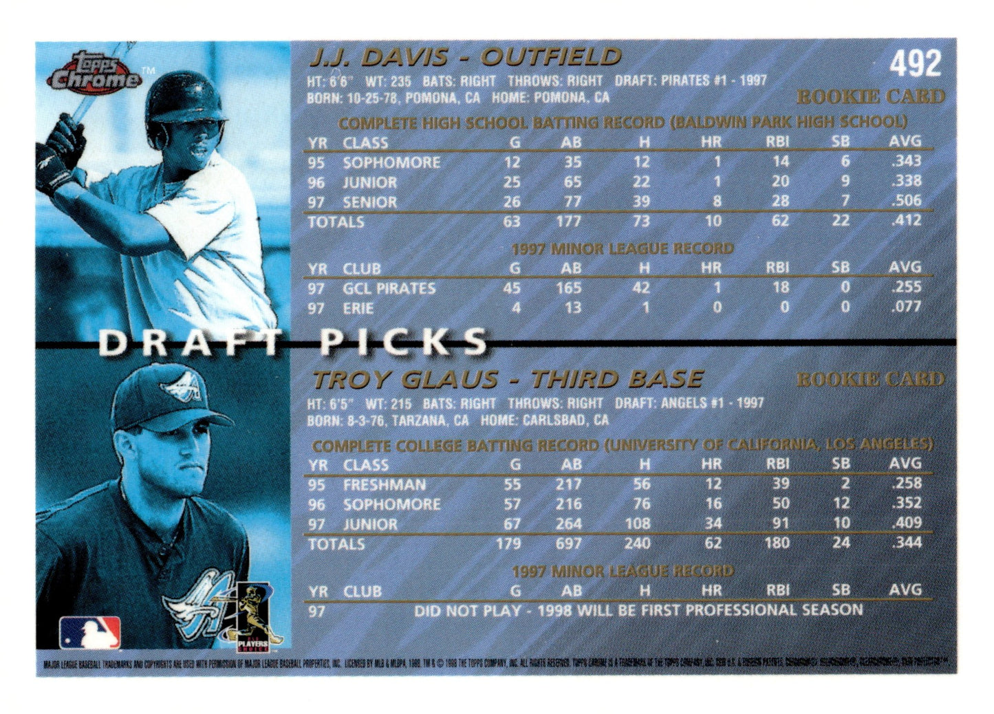 JJ Davis / Troy Glaus 1998 Topps Chrome Draft Picks 492 - Collector Store LLC