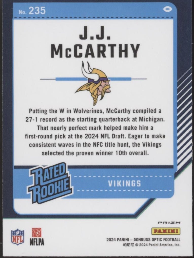 JJ McCarthy 2024 Panini Donruss Optic Rated Rookie Prizm RC 235 - Collector Store LLC