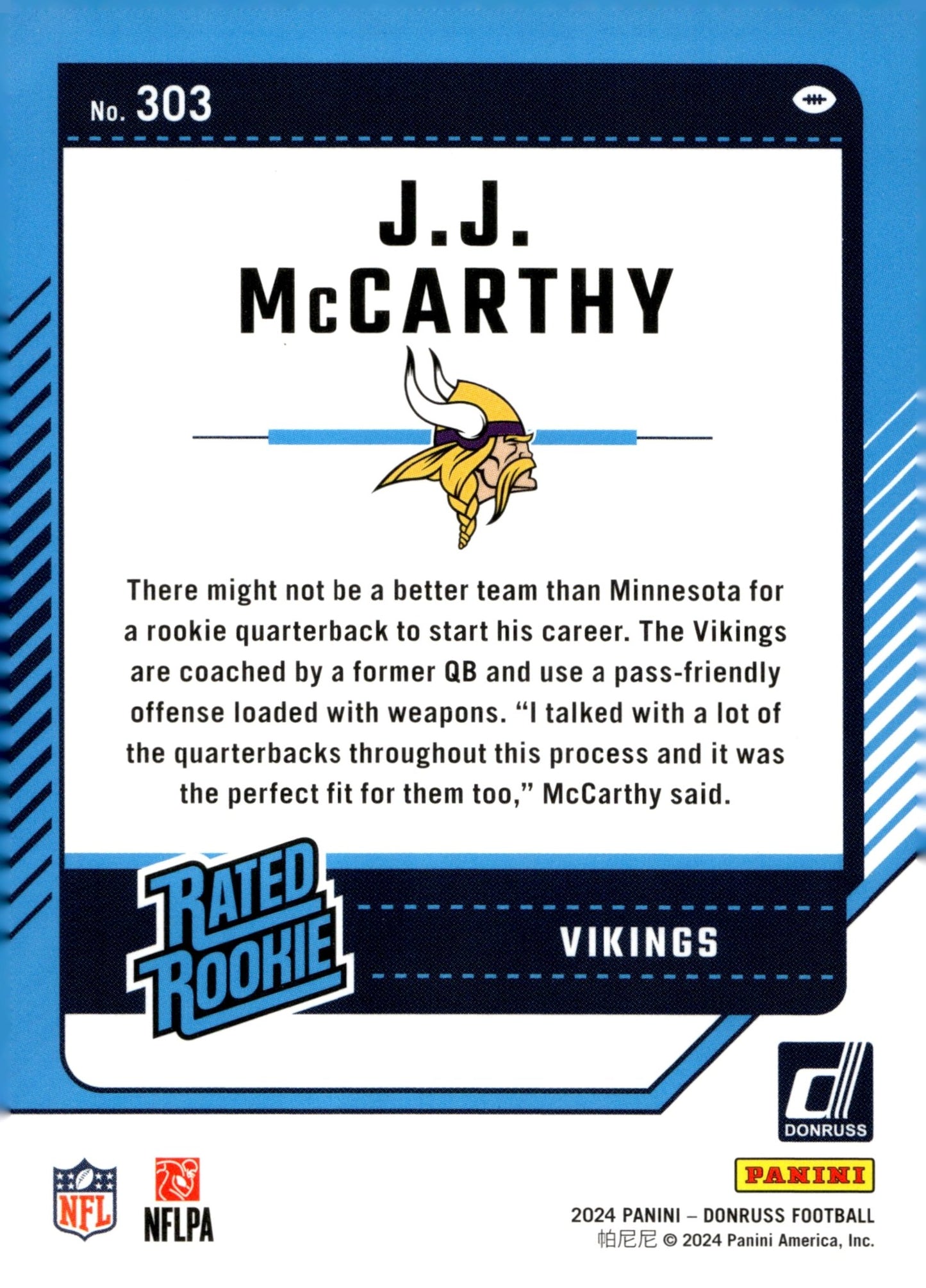JJ McCarthy 2024 Panini Donruss Rated Rookie RC 303 - Collector Store LLC