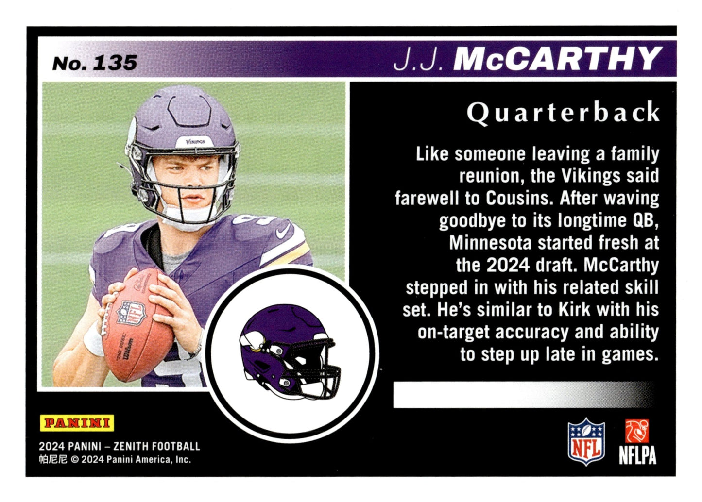 JJ McCarthy 2024 Panini Zenith RC #135 - Collector Store LLC