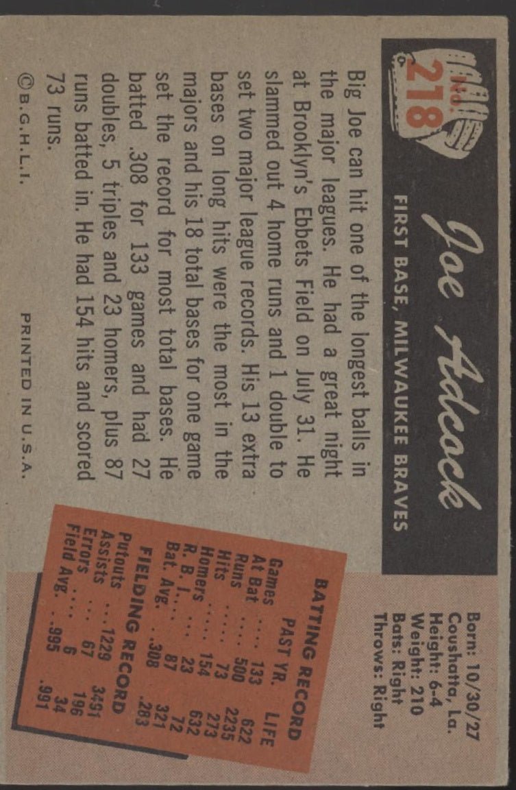 Joe Adcock 1955 Bowman #218 Milwaukee Braves EX - Collector Store LLC