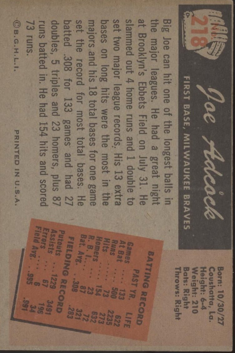 Joe Adcock 1955 Bowman #218 Milwaukee Braves VG - Collector Store LLC