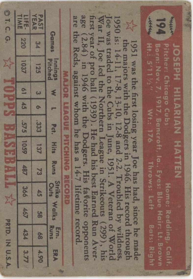 Joe Hatten 1952 Topps #194 Chicago Cubs VG - Collector Store LLC
