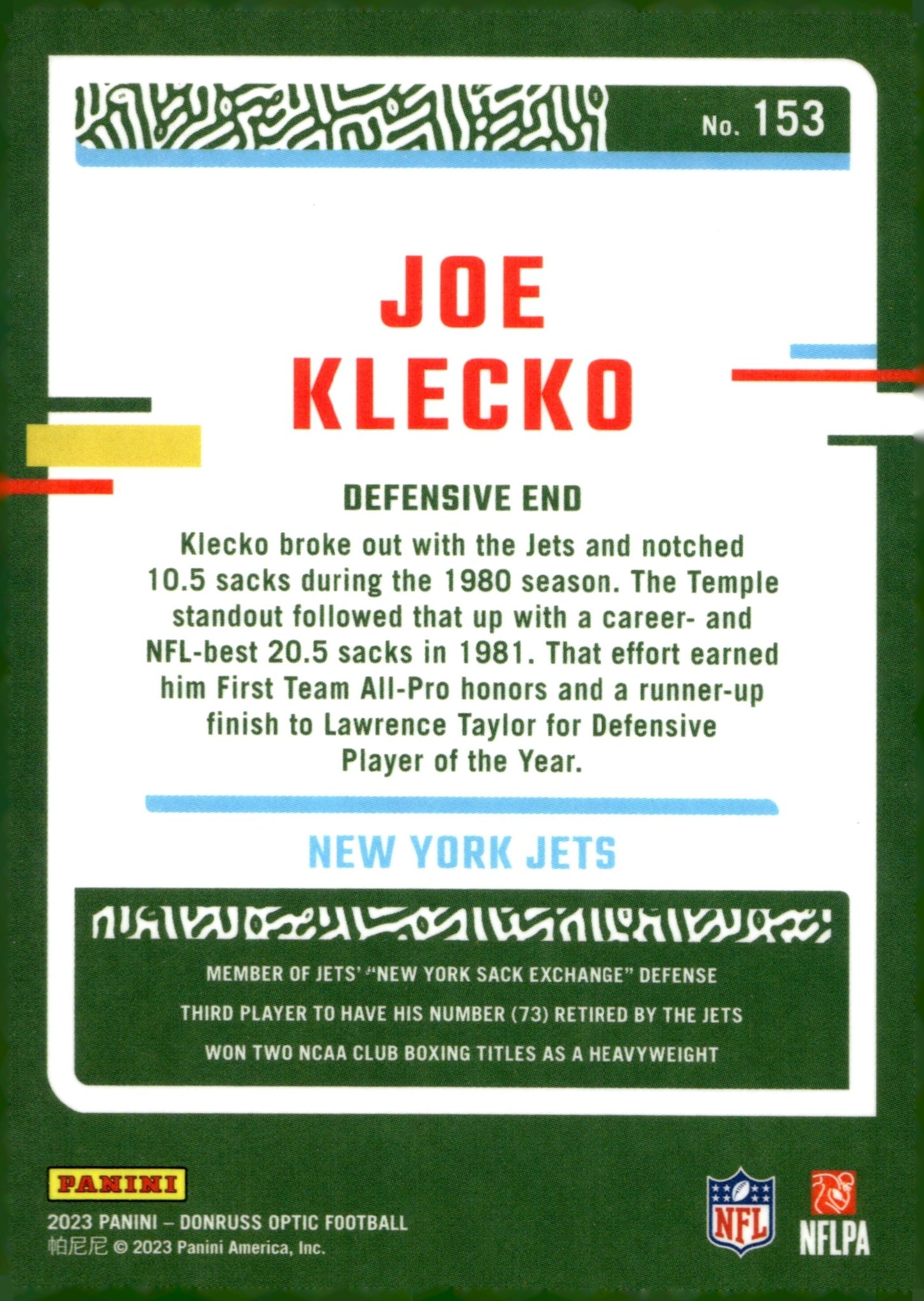 Joe Klecko 2023 Panini Donruss Optic #153 - Collector Store LLC