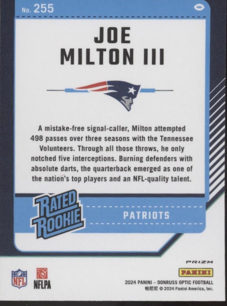 Joe Milton III 2024 Panini Donruss Optic Rated Rookie Pink Prizm RC #255 #1 - Collector Store LLC