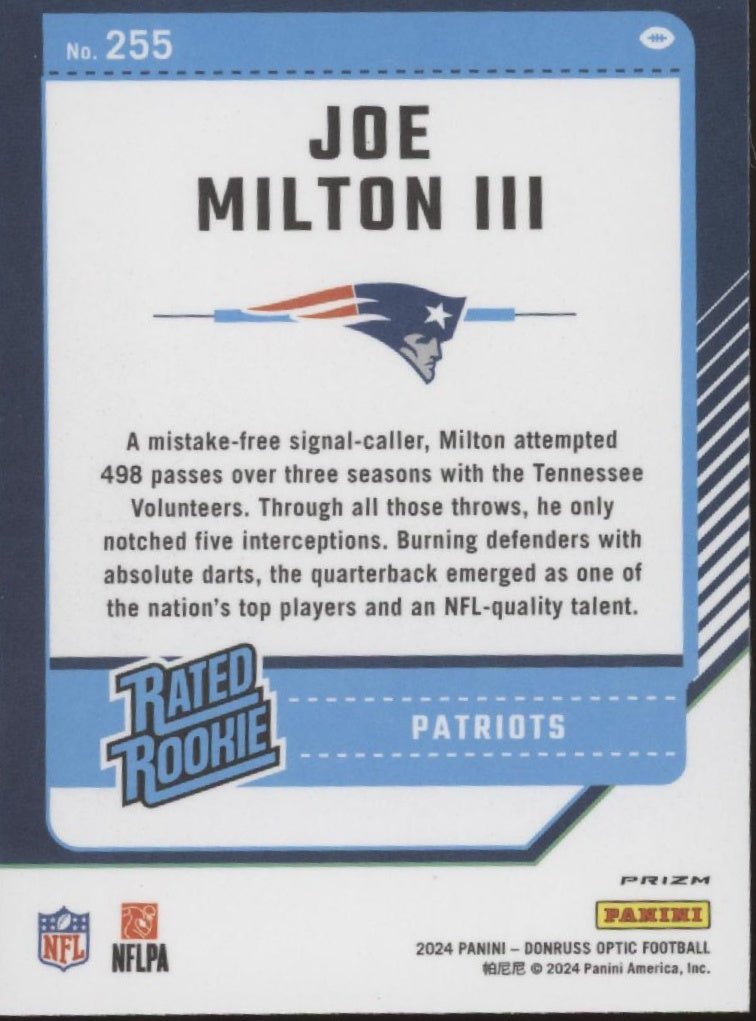 Joe Milton III 2024 Panini Donruss Optic Rated Rookie Pink Prizm RC #255 #2 - Collector Store LLC