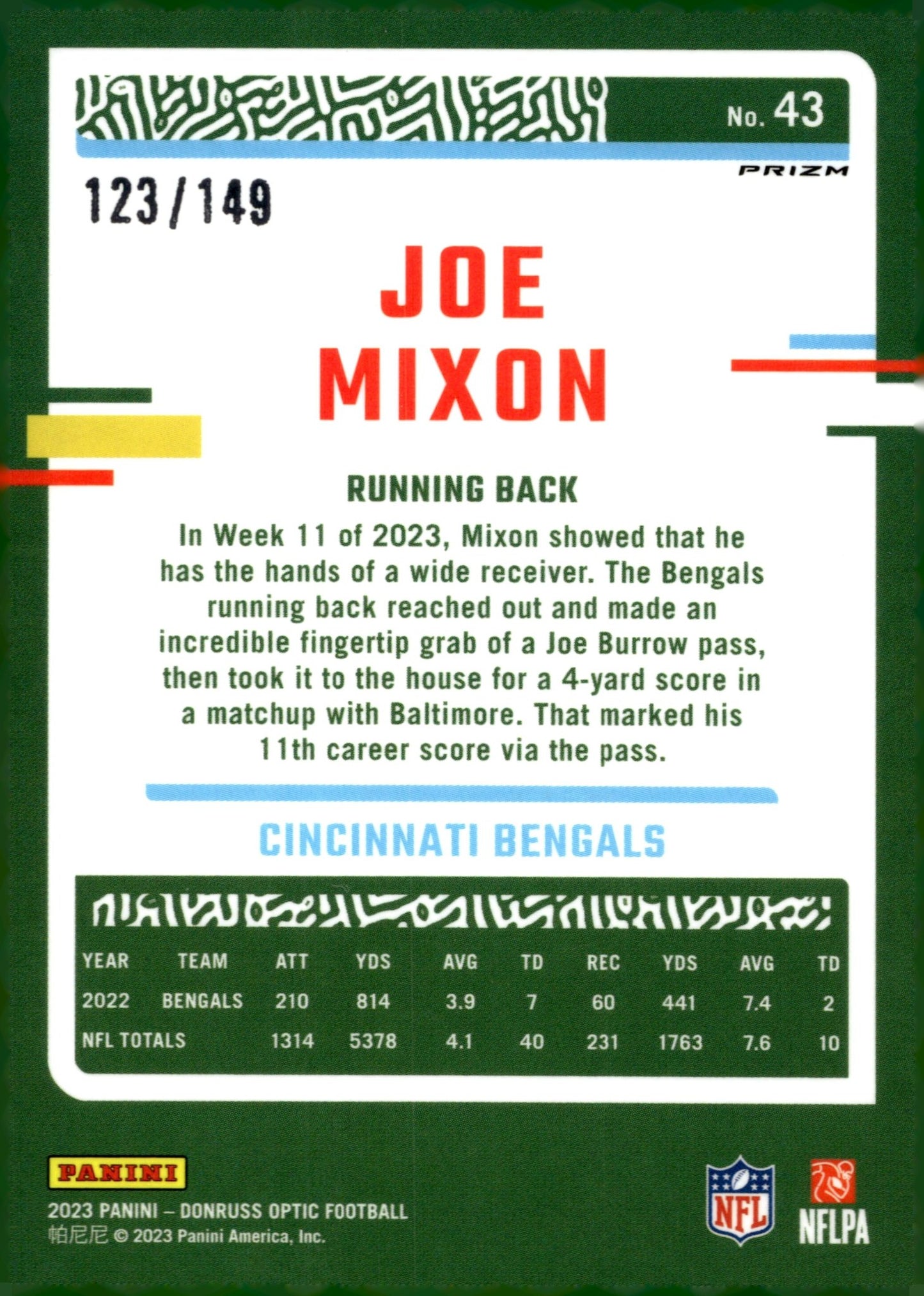 Joe Mixon 2023 Panini Donruss Optic Flex Prizm 123/149 #43 - Collector Store LLC