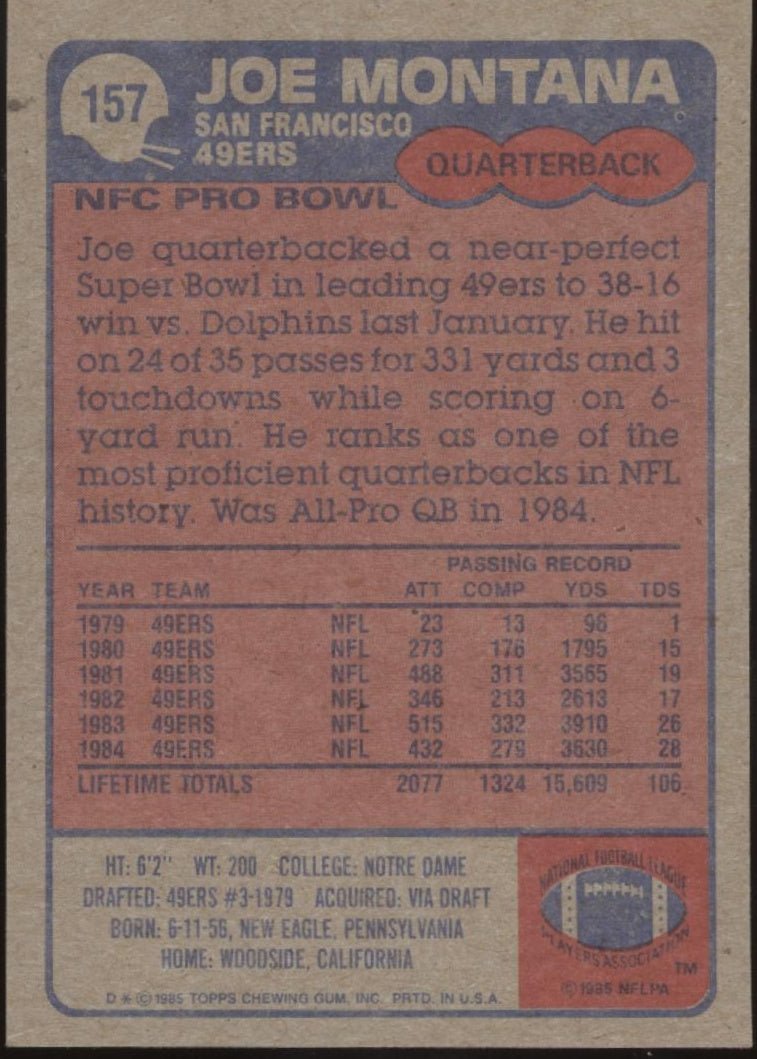 Joe Montana 1985 Topps #157 San Francisco 49ers #4 - Collector Store LLC