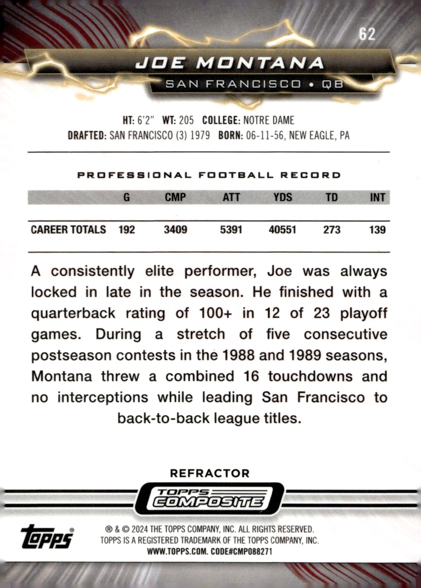 Joe Montana 2023 Topps Composite Resurgence Refractor #62 - Collector Store LLC