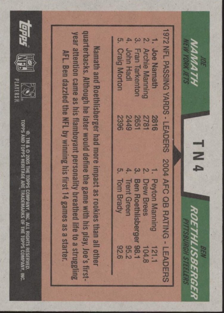 Joe Namath / Ben Roethlisberger 2005 Topps Heritage Then & Now #TN4 - Collector Store LLC