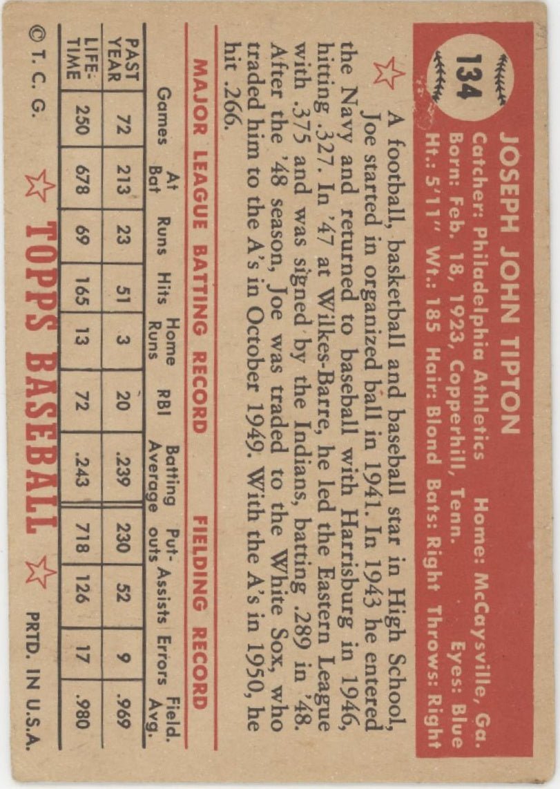 Joe Tipton 1952 Topps #134 Philadelphia Athletics VG - EX - Collector Store LLC